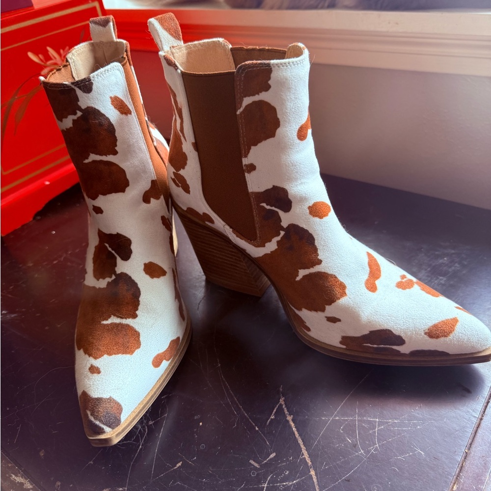 Brown and White Ankle Booties with Cow Print